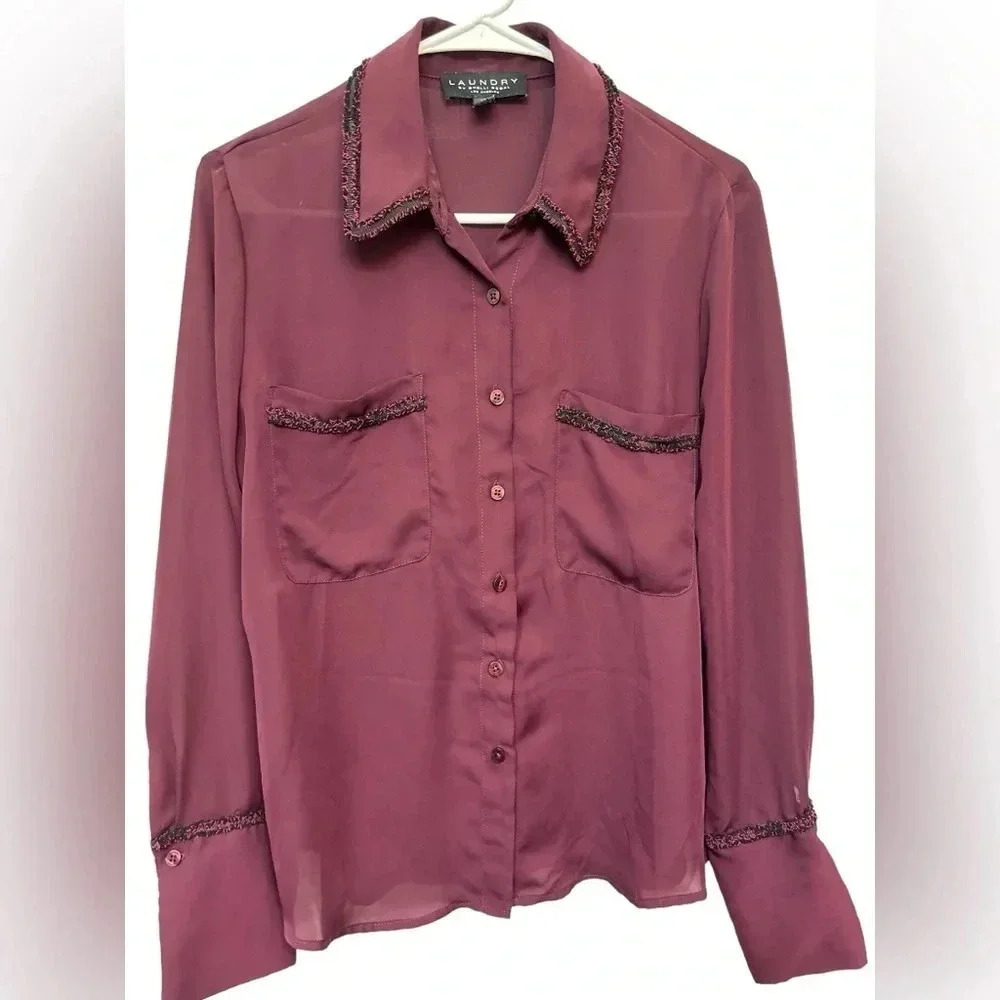 Laundry by Shelli Segal Burgundy Blouse Boucle Trim Long Sleeve Sheer